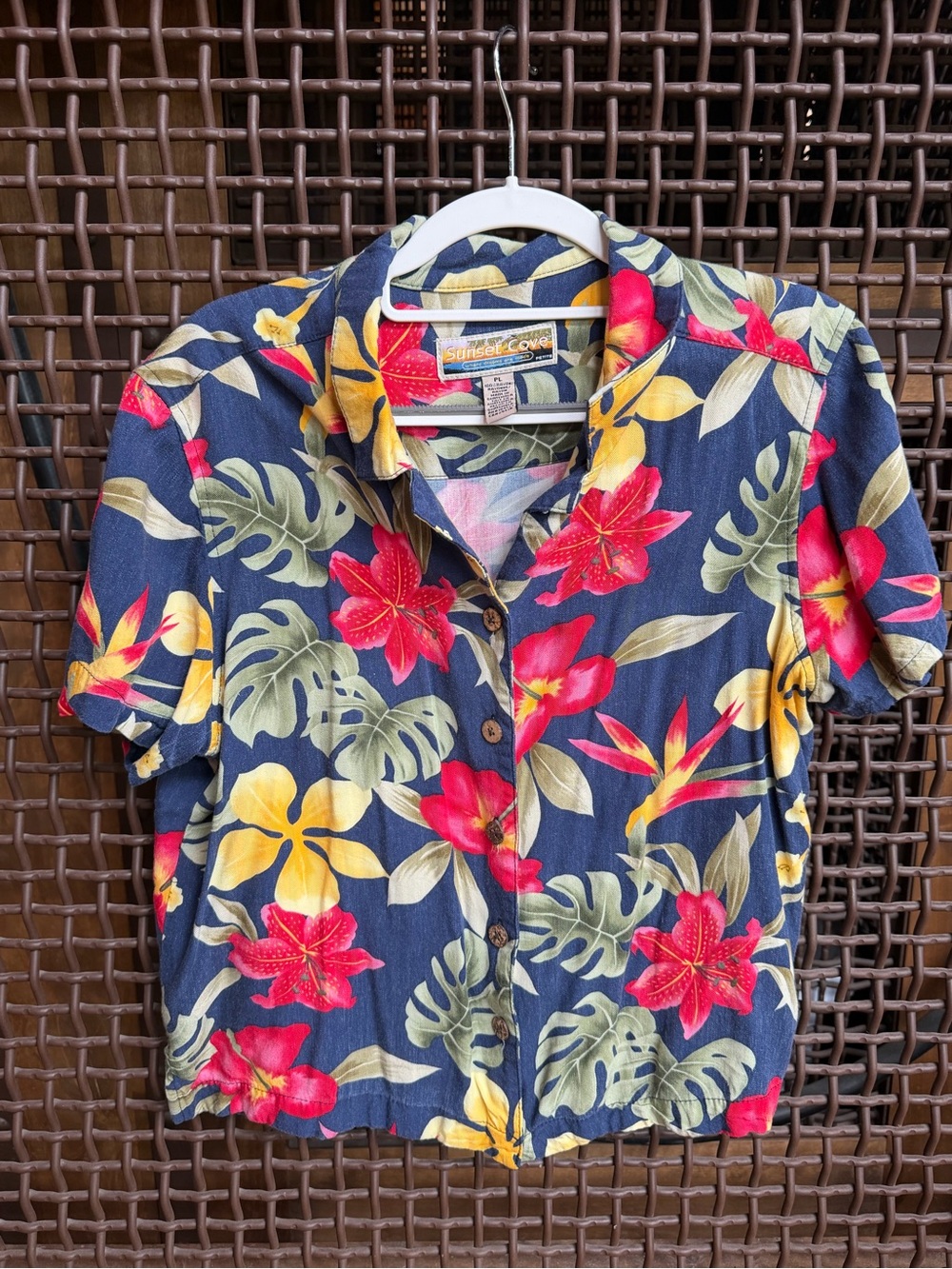 Sunset Cove Tropical Hawaiian Floral Button Up Shirt Petite Large PL